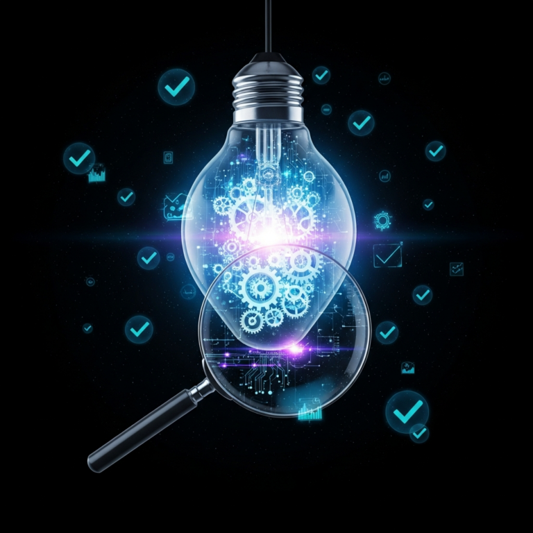 A glowing idea being examined under a magnifying lens — startup validation framework