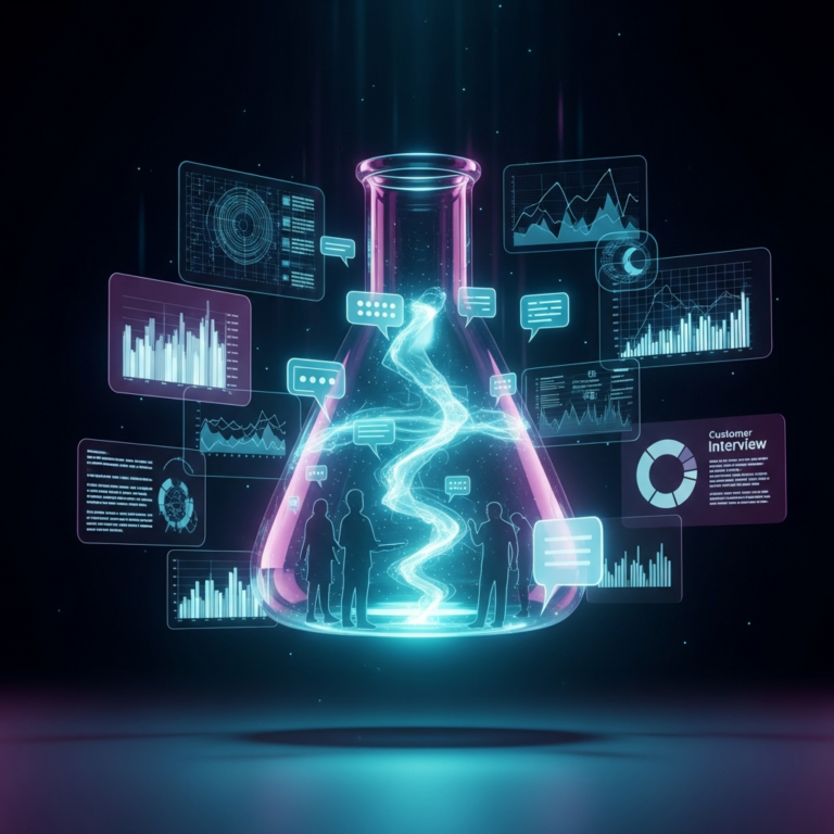 A laboratory beaker analyzing customer conversations as data — market validation guide