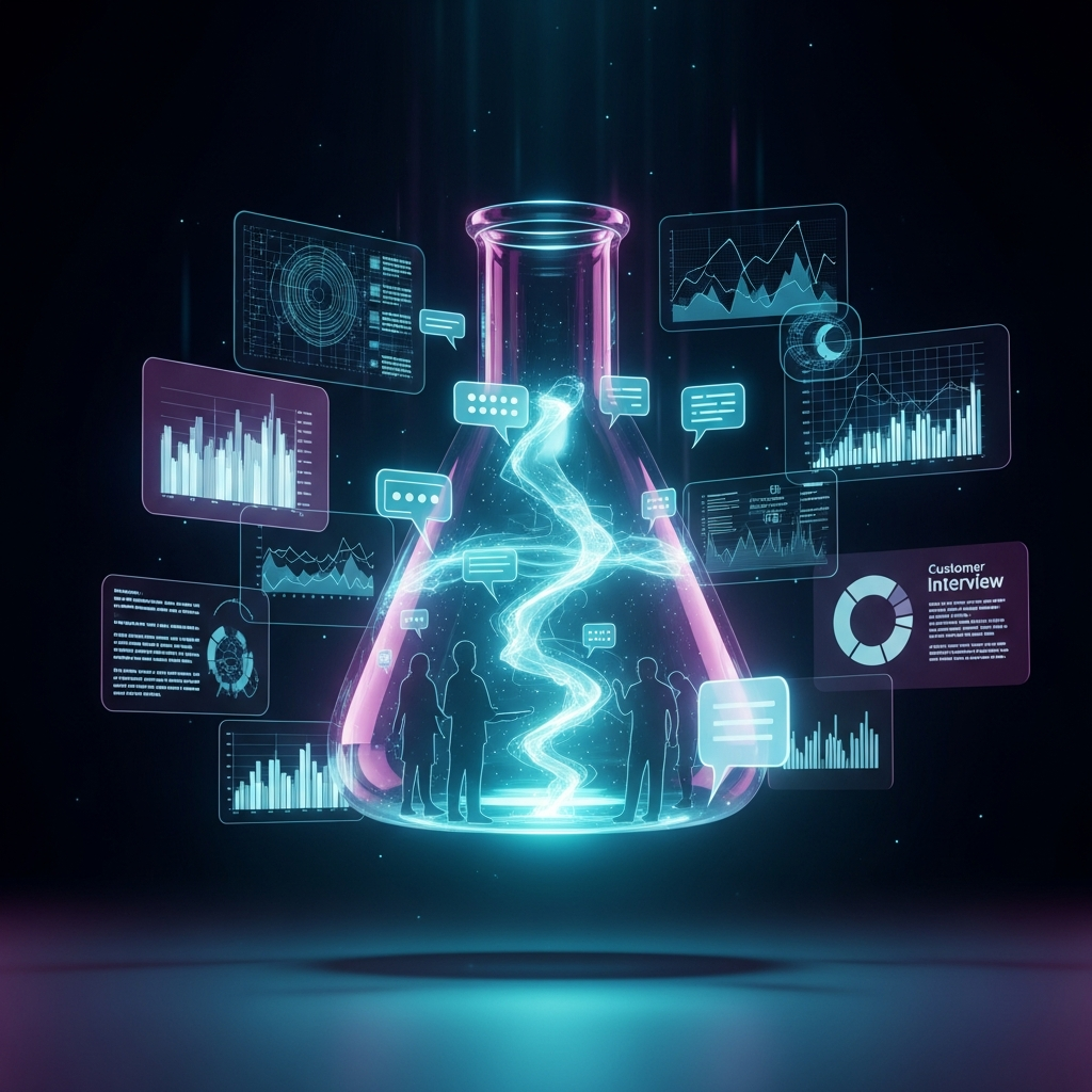 A laboratory beaker analyzing customer conversations as data — market validation guide