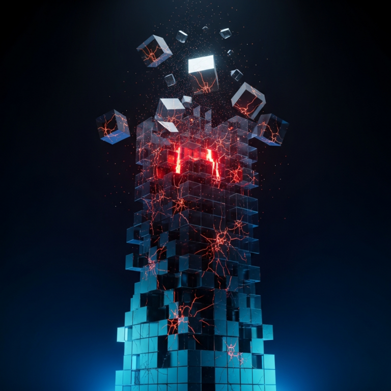 A fragile glowing tower of glass cubes with warning fissures — startup failure warning signs