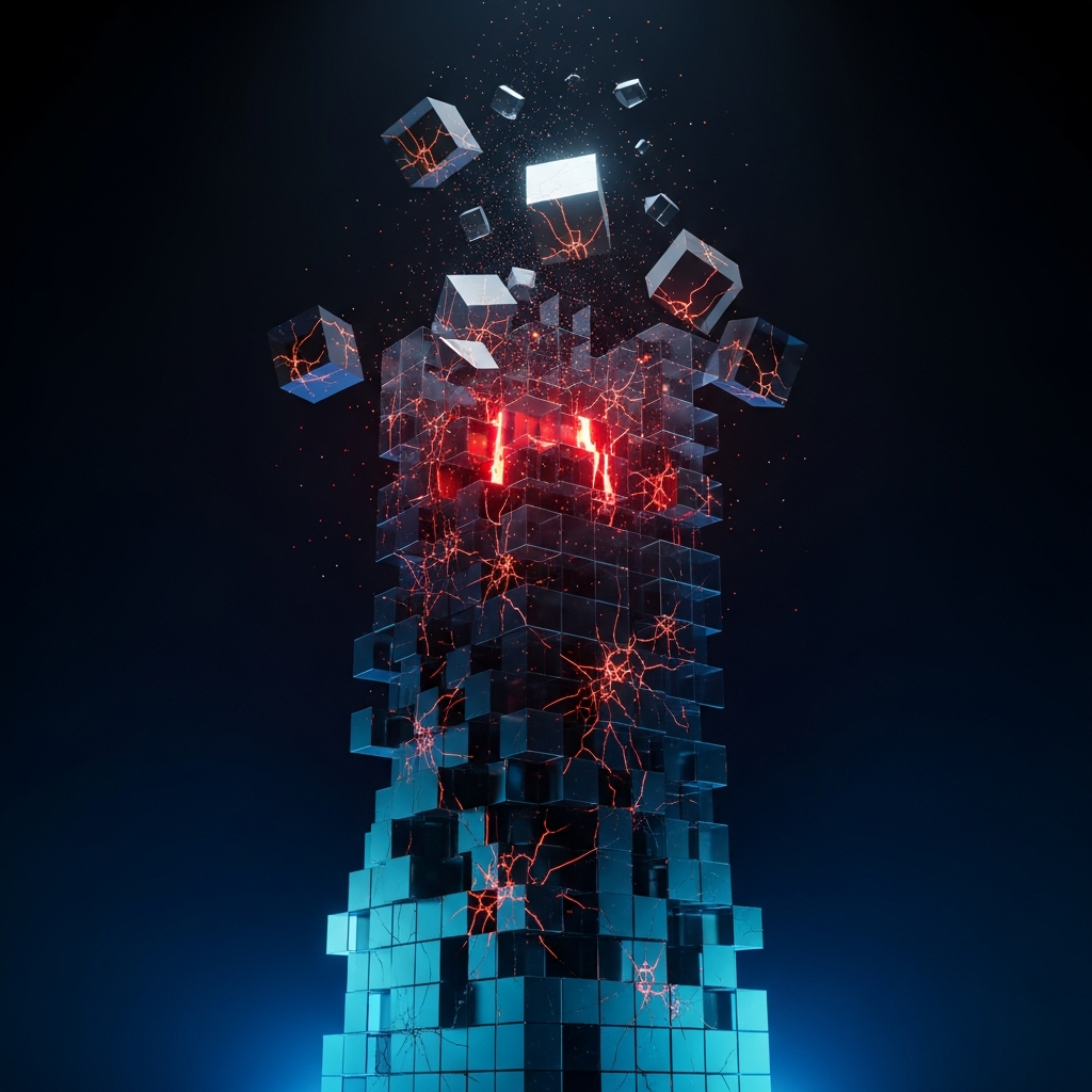 A fragile glowing tower of glass cubes with warning fissures — startup failure warning signs