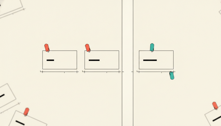Three identical claim cards laid out at conflicting sizes, two tagged coral for contradiction, one teal