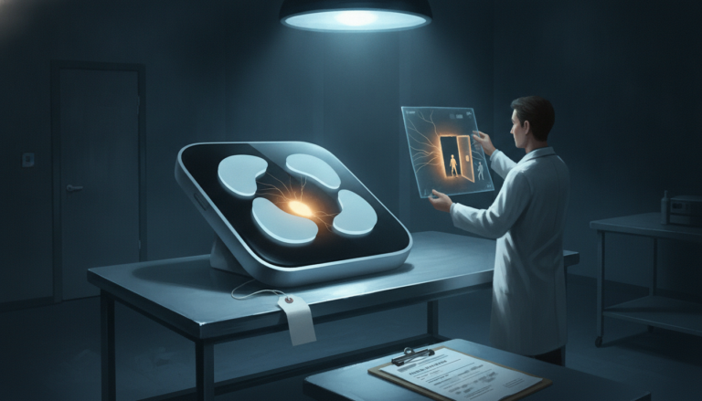 A lifeless product on a morgue table as a held-up scan reveals a hollow core and customers walking out