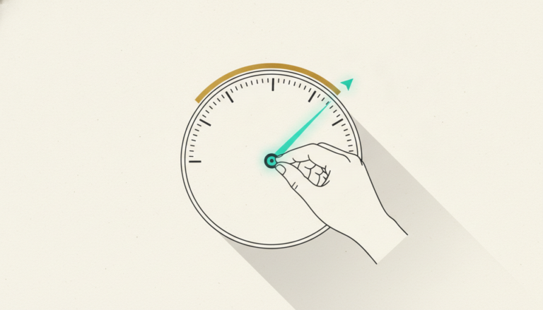 A hand turning an oversized pricing dial upward as its needle climbs past unmarked tick marks