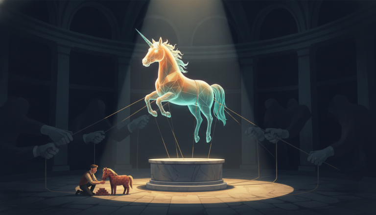 A hollow glowing unicorn held aloft by unseen cables while a small founder builds a solid brick pony below