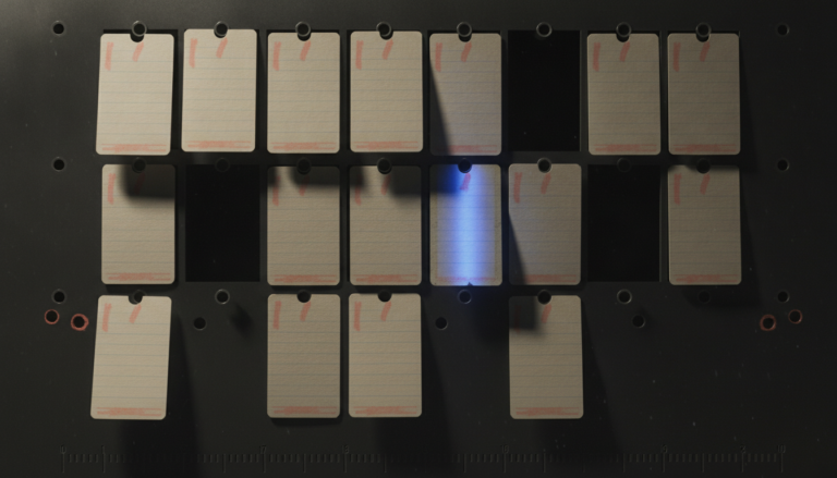 Vendor cards being pulled from a procurement board, one established card left standing in blue light