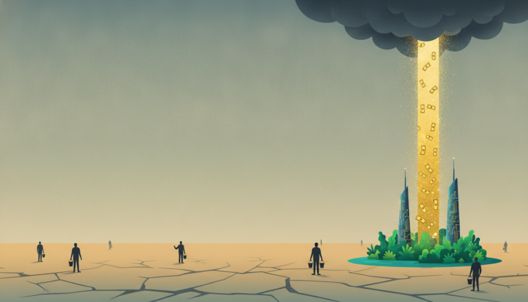 A golden money torrent falling on one small oasis while founders wait in cracked desert holding empty buckets